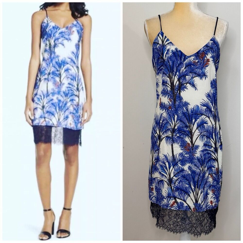 Adelyn Rae Nevina Palm Print Lace Slip Dress Size S Blue White V-Neck Sleeveless